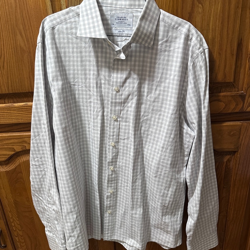 Charles Tyrwhitt Men's Gray Checkered Shirt Size 17/38”
